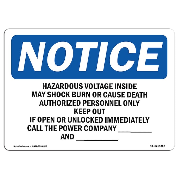 OSHA Sign, 18" H, 24" W, Rigid Plastic, Hazardous Voltage Inside May Shock Burn Sign, Landscape